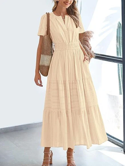 V-neck, Gathered, Puff Sleeve, Full Skirt, Short-sleeved Long Dress - Image 34