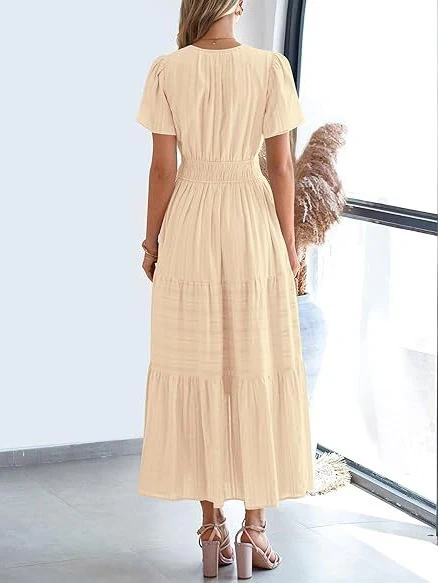 V-neck, Gathered, Puff Sleeve, Full Skirt, Short-sleeved Long Dress - Image 35