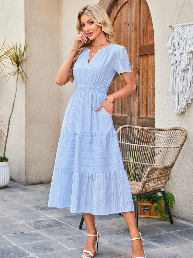 V-neck, Gathered, Puff Sleeve, Full Skirt, Short-sleeved Long Dress - Image 5