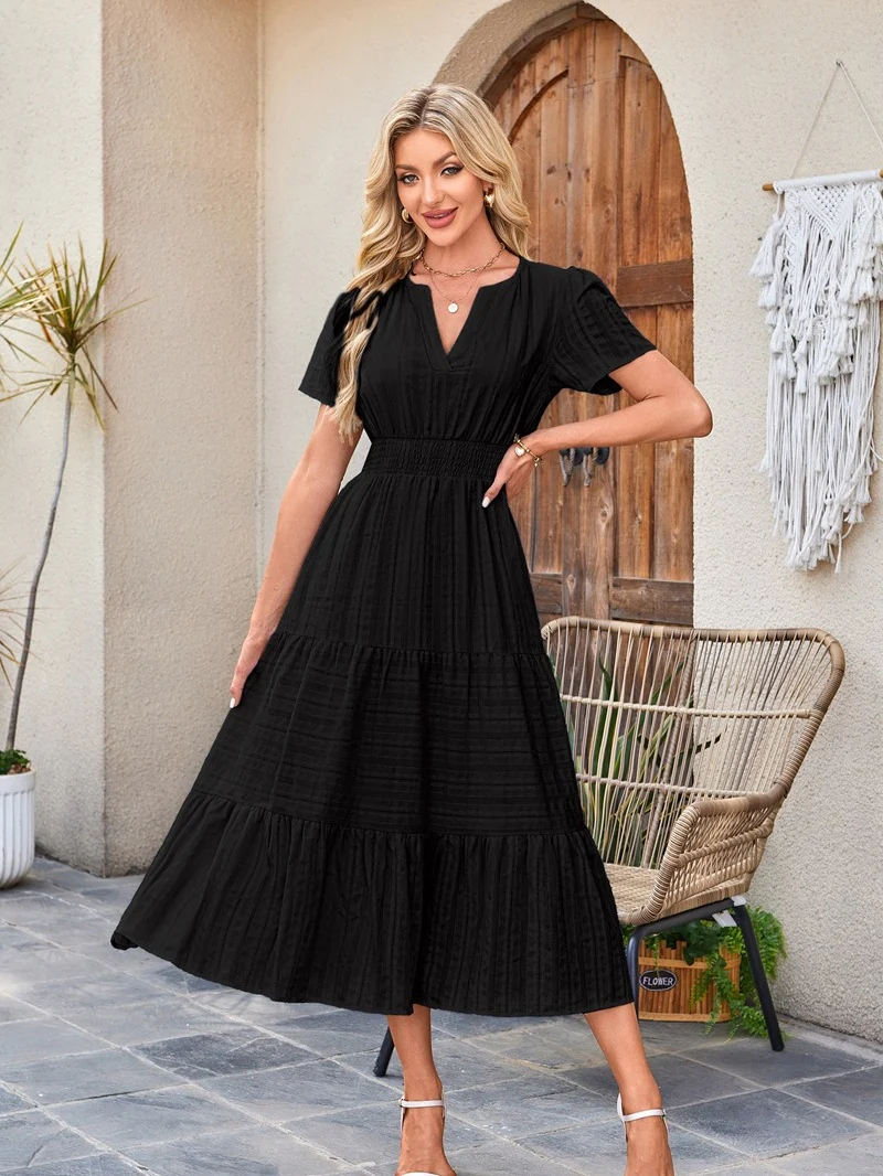 V-neck, Gathered, Puff Sleeve, Full Skirt, Short-sleeved Long Dress - Image 7