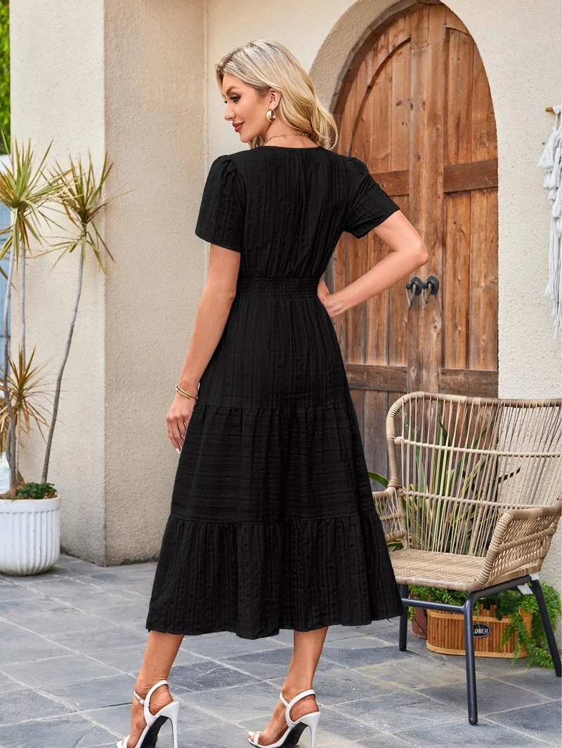 V-neck, Gathered, Puff Sleeve, Full Skirt, Short-sleeved Long Dress - Image 9