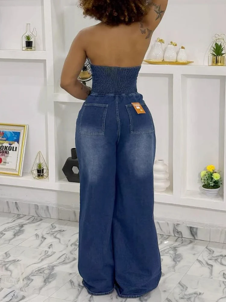 Collared Halter Neck Single-breasted Backless Denim Jumpsuit - Image 2