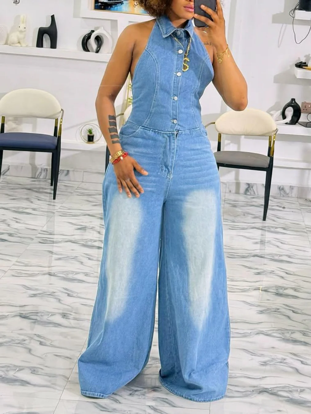 Collared Halter Neck Single-breasted Backless Denim Jumpsuit - Image 8