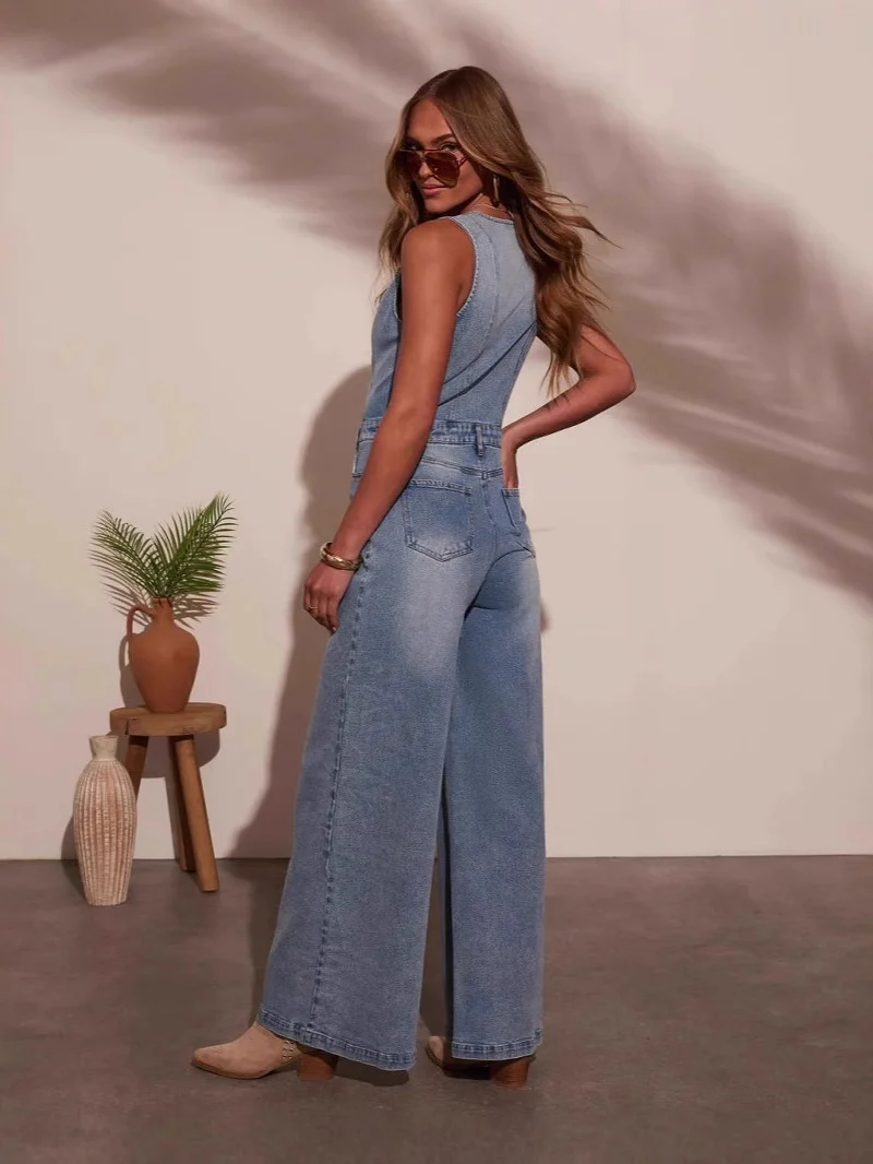 V-neck Sleeveless Denim Jumpsuit Trousers - Image 2