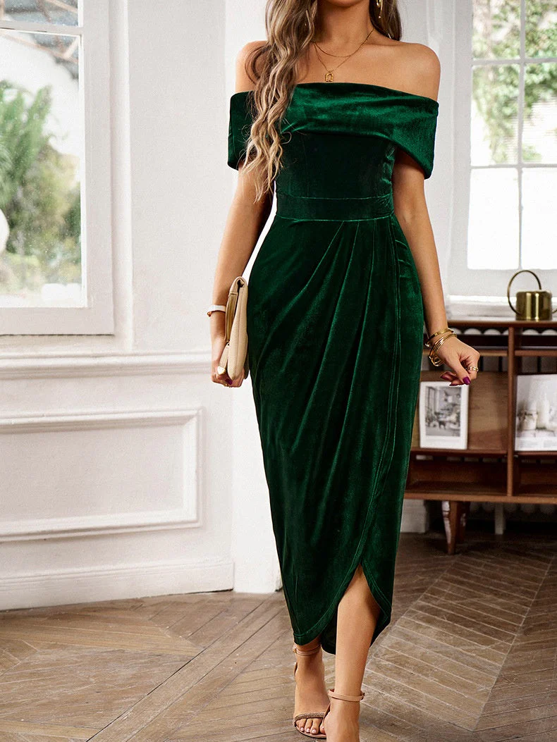 One-shoulder Collar Gathering Hip Velvet Maxi Dresses - Image 5