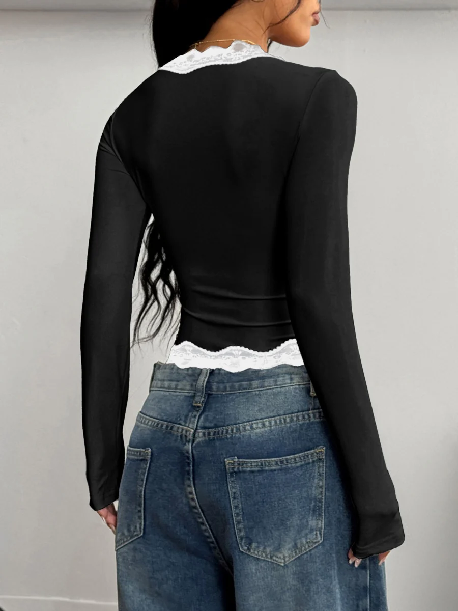 V-neck Long-sleeved T-shirt With Lace Trim And Contrasting Colors - Image 6