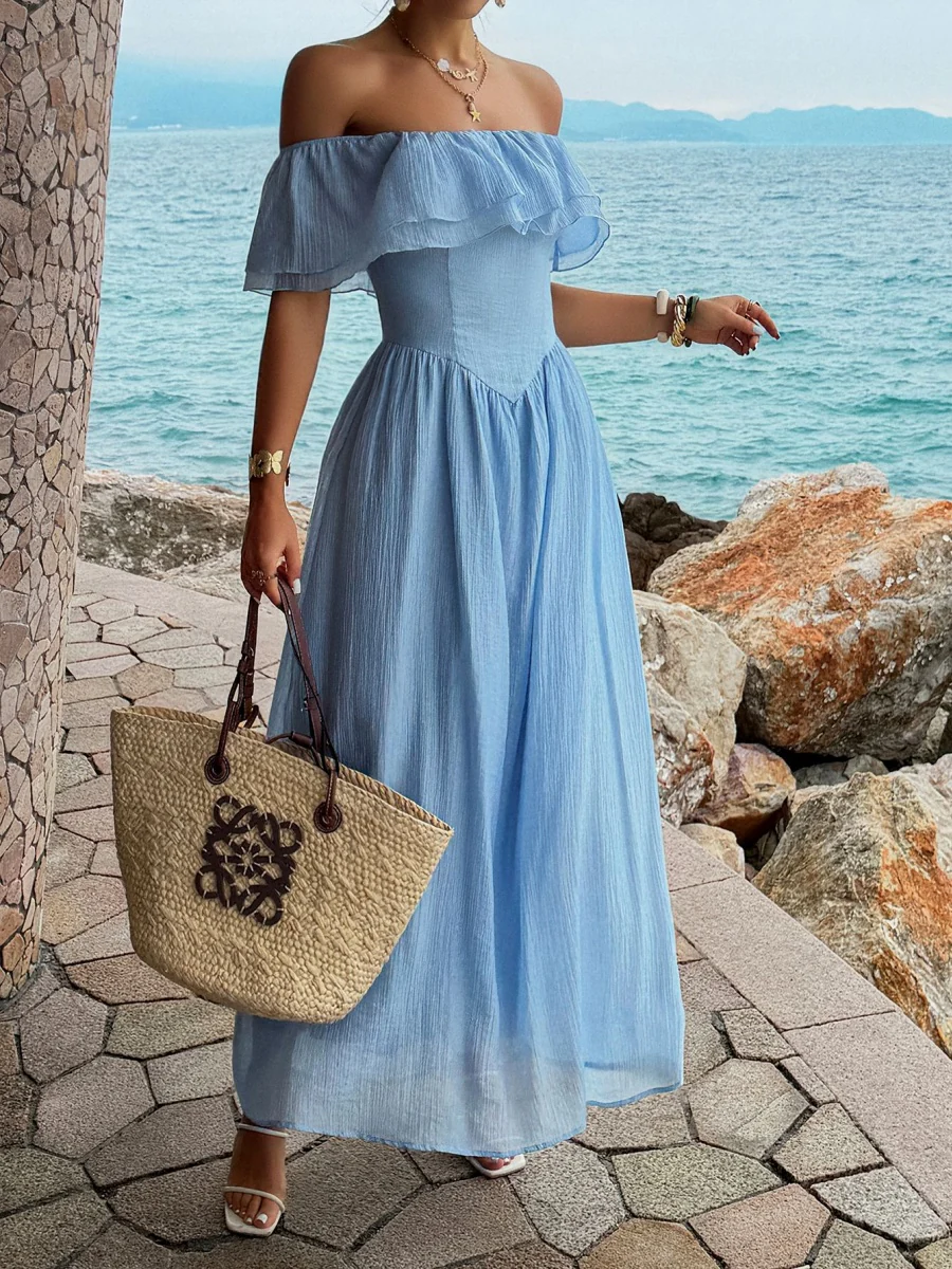 Blue Resort-style Strapless Off-shoulder Long Dress - Image 5