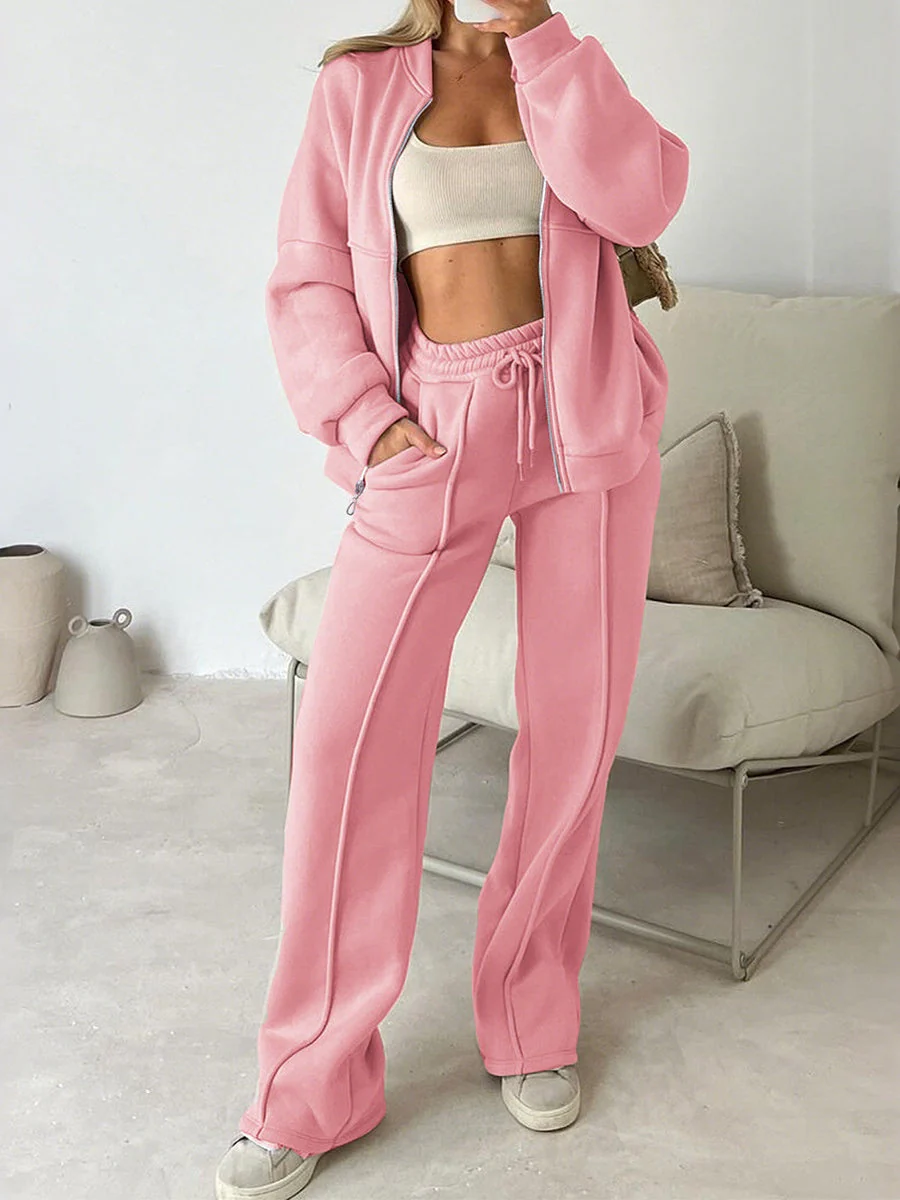 Sporty Style Long-sleeved Jacket Solid Color Trousers Two-piece Set - Image 6