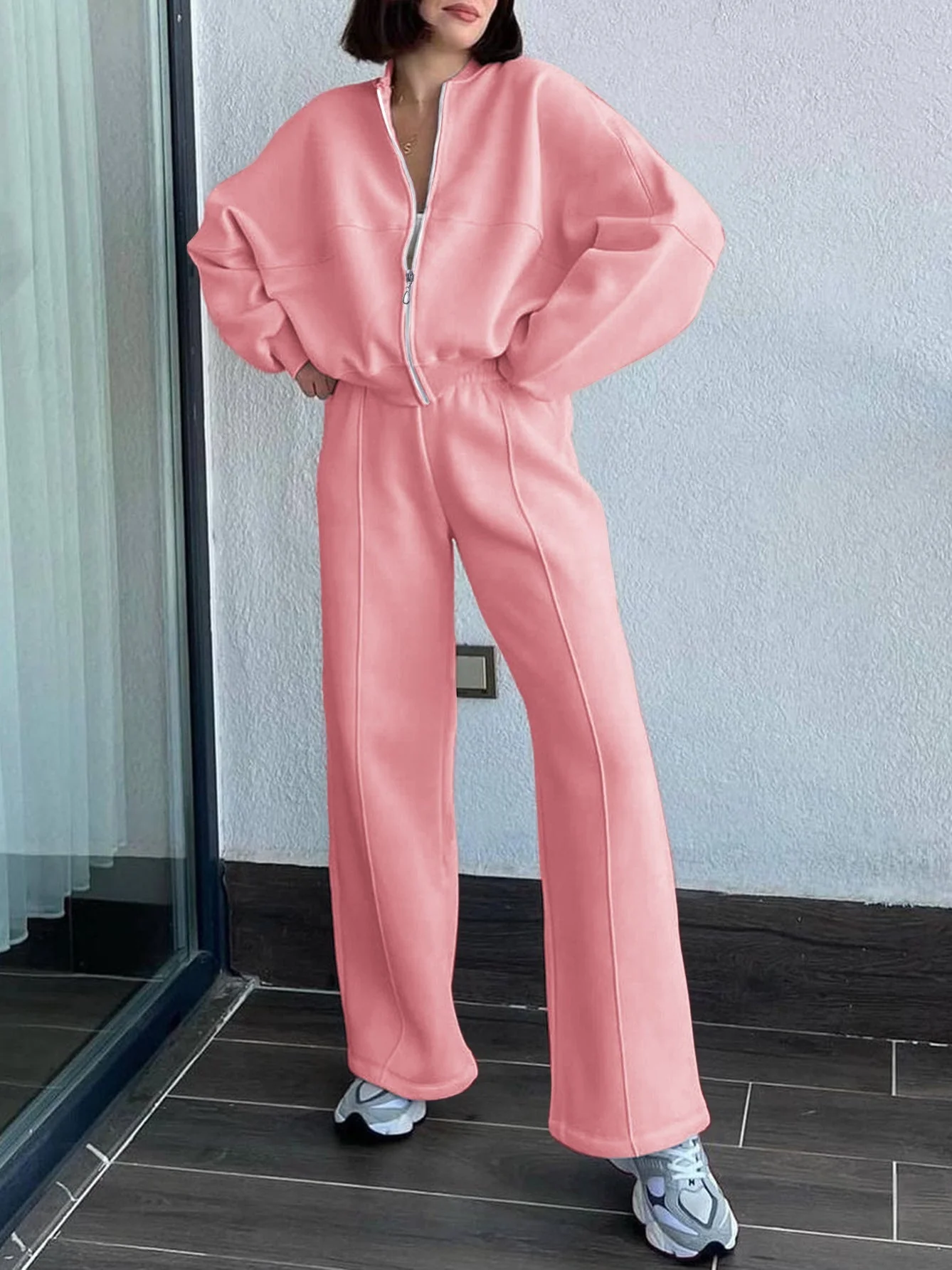Sporty Style Long-sleeved Jacket Solid Color Trousers Two-piece Set - Image 7