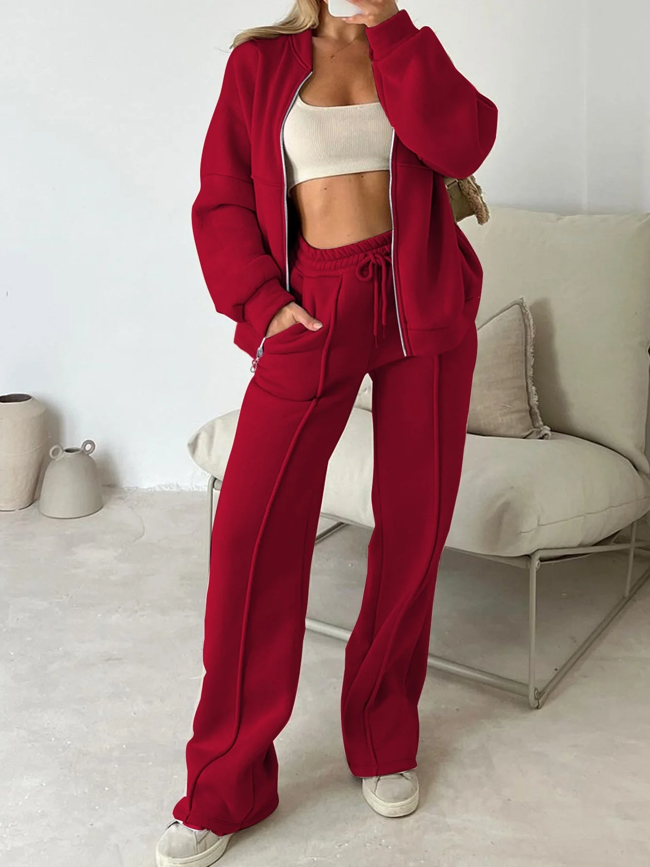 Sporty Style Long-sleeved Jacket Solid Color Trousers Two-piece Set - Image 9