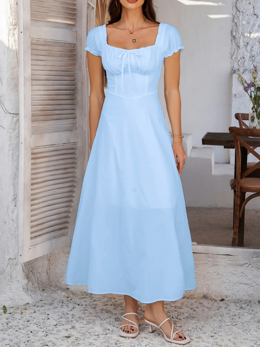 Tie-waist Ruched Puff Sleeve Long Dress - Image 10