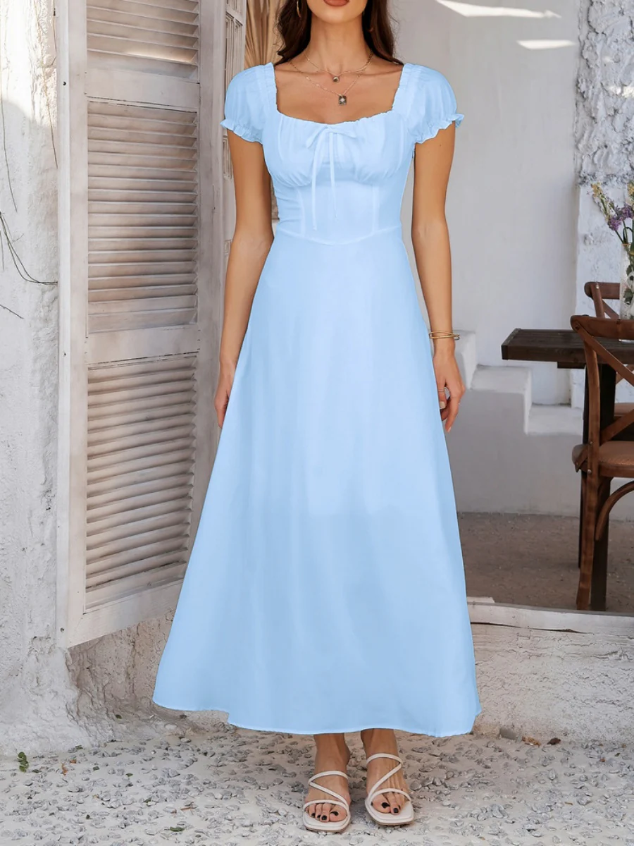 Tie-waist Ruched Puff Sleeve Long Dress - Image 11