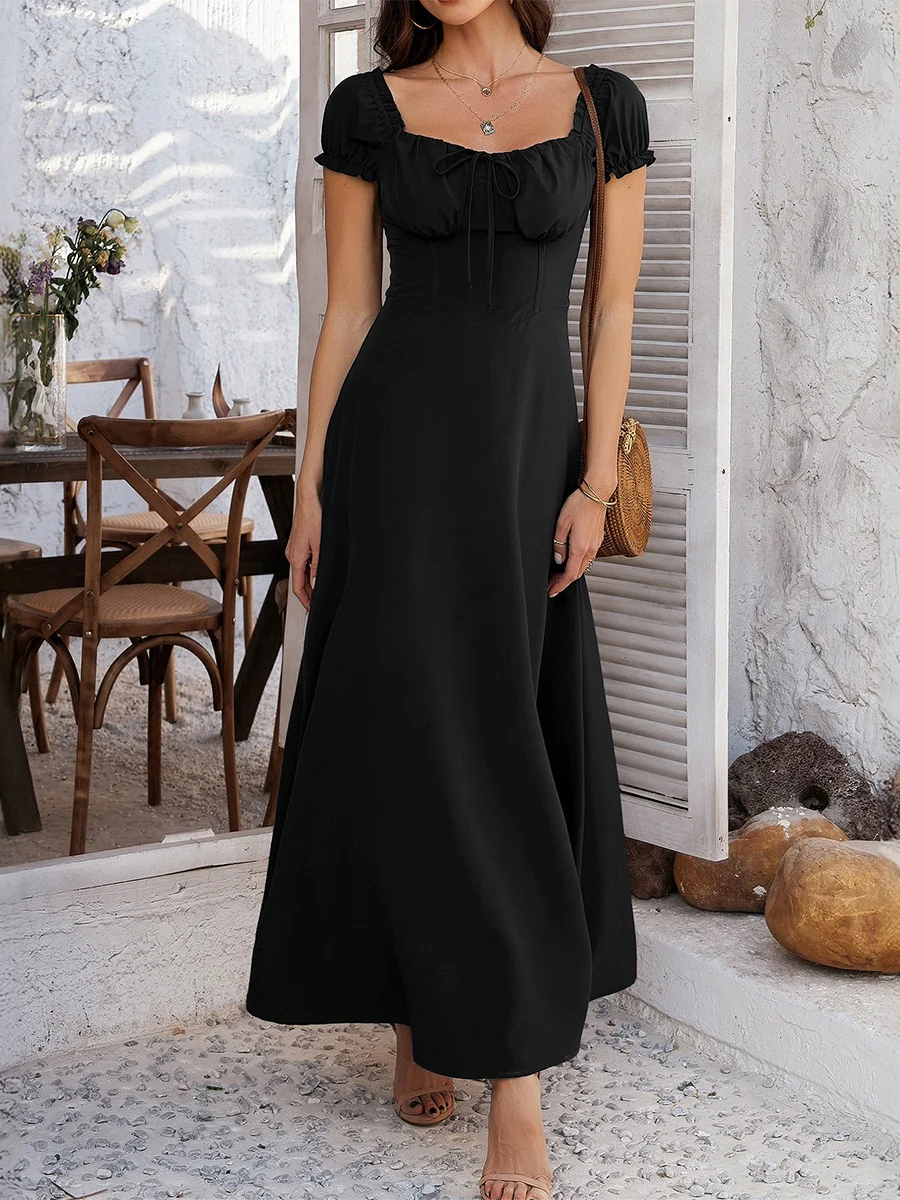 Tie-waist Ruched Puff Sleeve Long Dress - Image 12