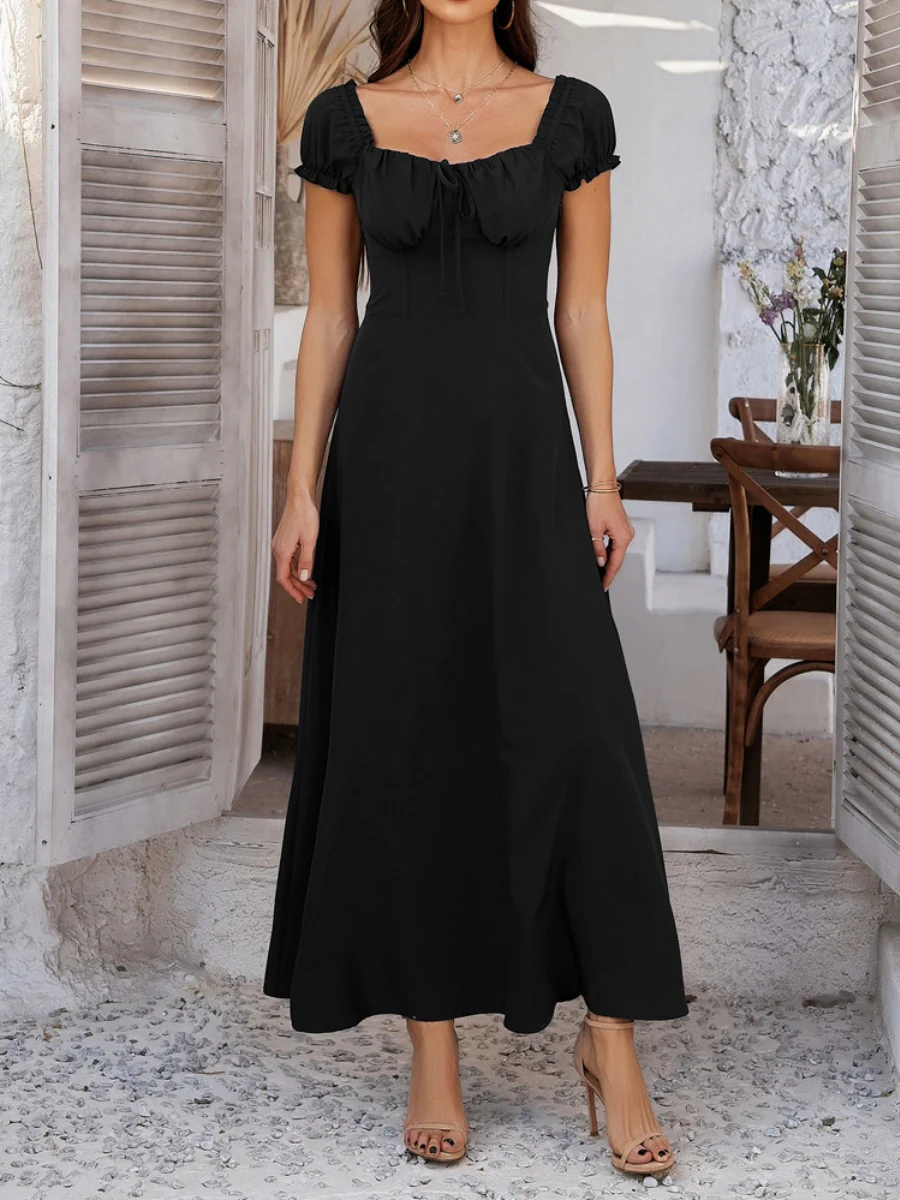 Tie-waist Ruched Puff Sleeve Long Dress - Image 13