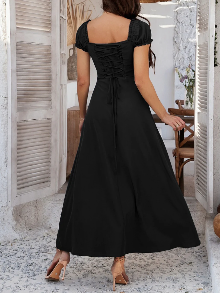 Tie-waist Ruched Puff Sleeve Long Dress - Image 15