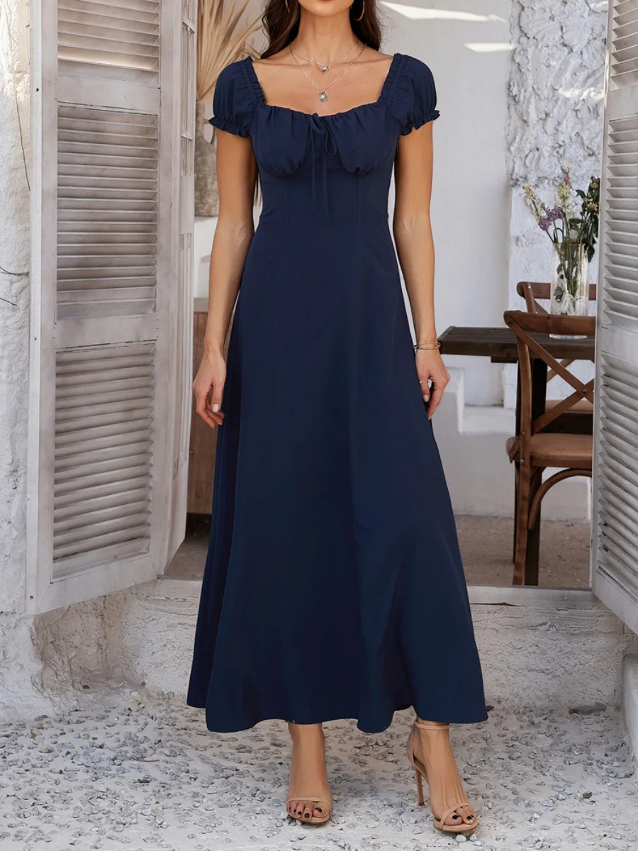 Tie-waist Ruched Puff Sleeve Long Dress - Image 17
