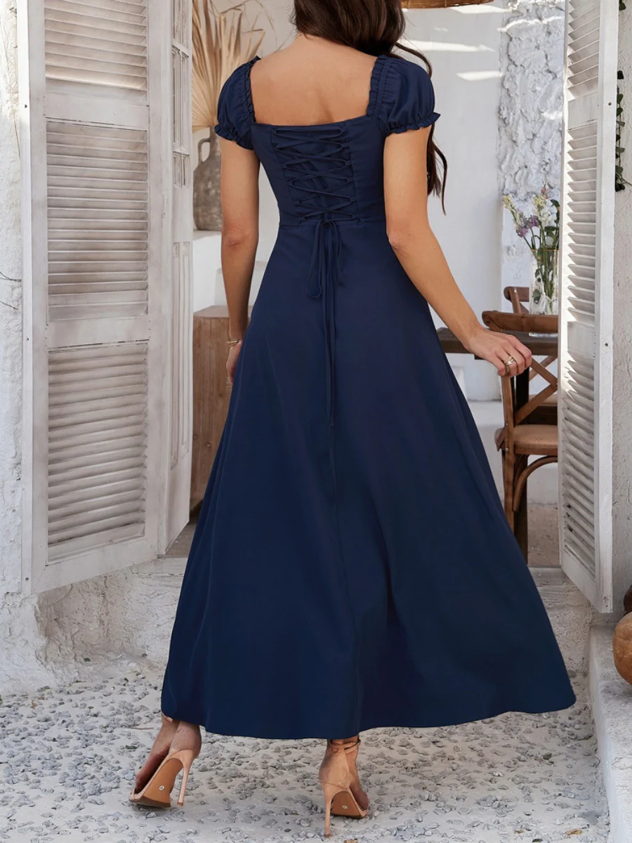 Tie-waist Ruched Puff Sleeve Long Dress - Image 18