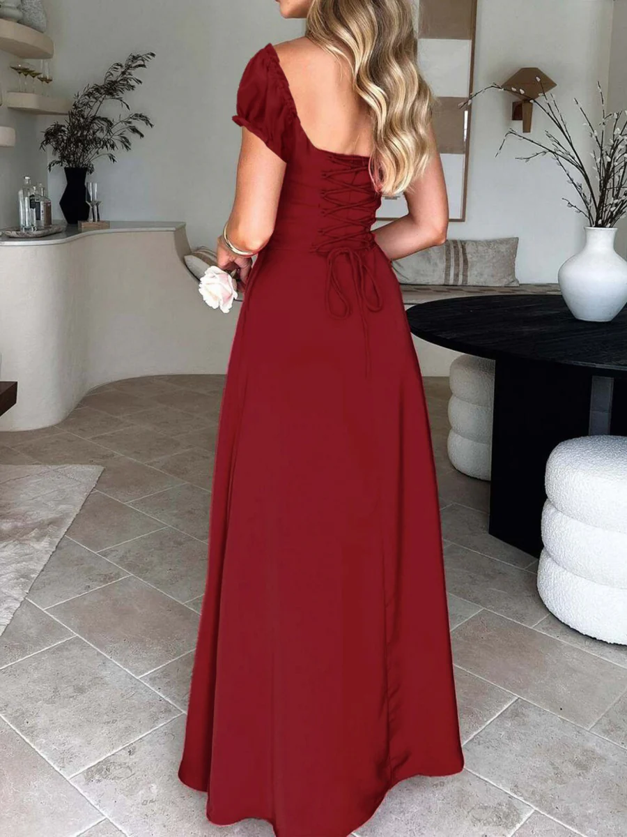Tie-waist Ruched Puff Sleeve Long Dress - Image 24