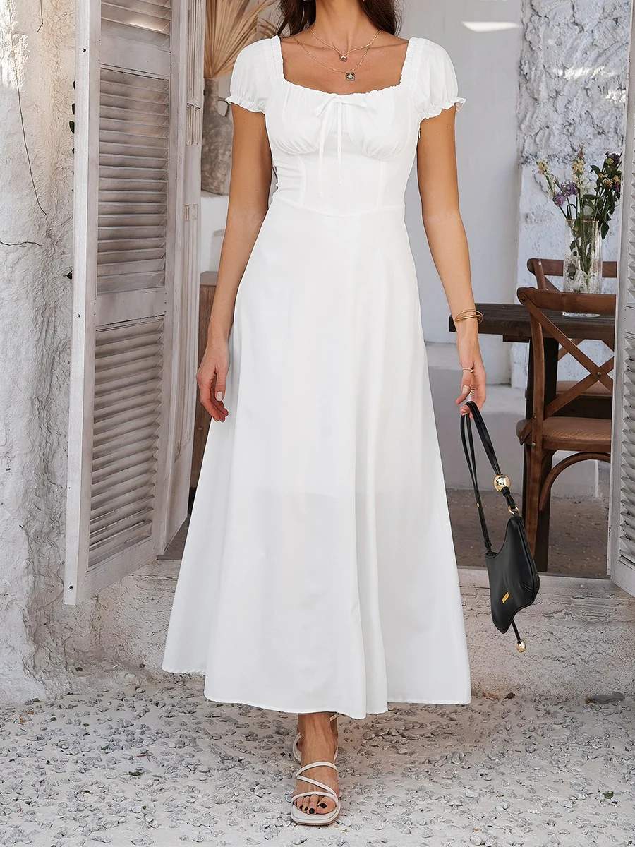 Tie-waist Ruched Puff Sleeve Long Dress - Image 4