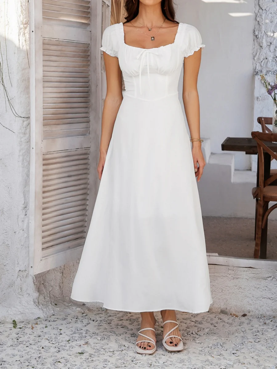 Tie-waist Ruched Puff Sleeve Long Dress - Image 5