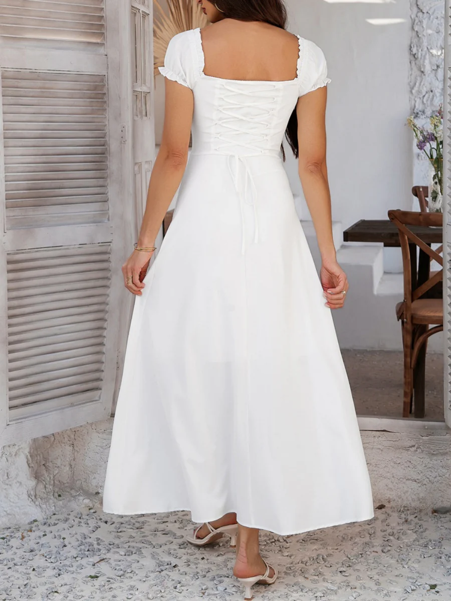 Tie-waist Ruched Puff Sleeve Long Dress - Image 6