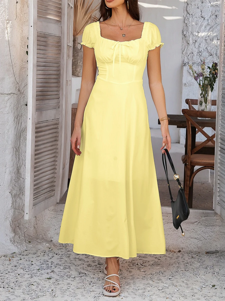 Tie-waist Ruched Puff Sleeve Long Dress - Image 7
