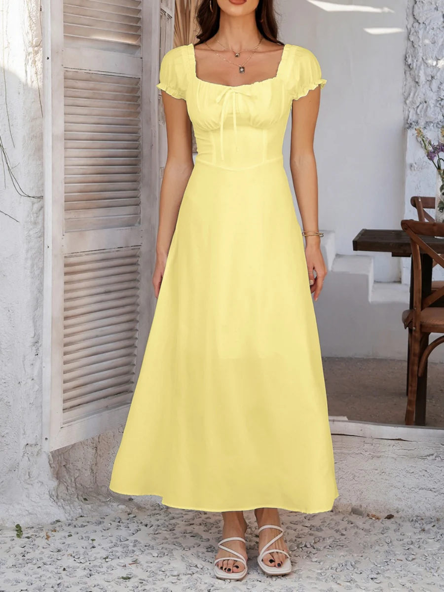 Tie-waist Ruched Puff Sleeve Long Dress - Image 8