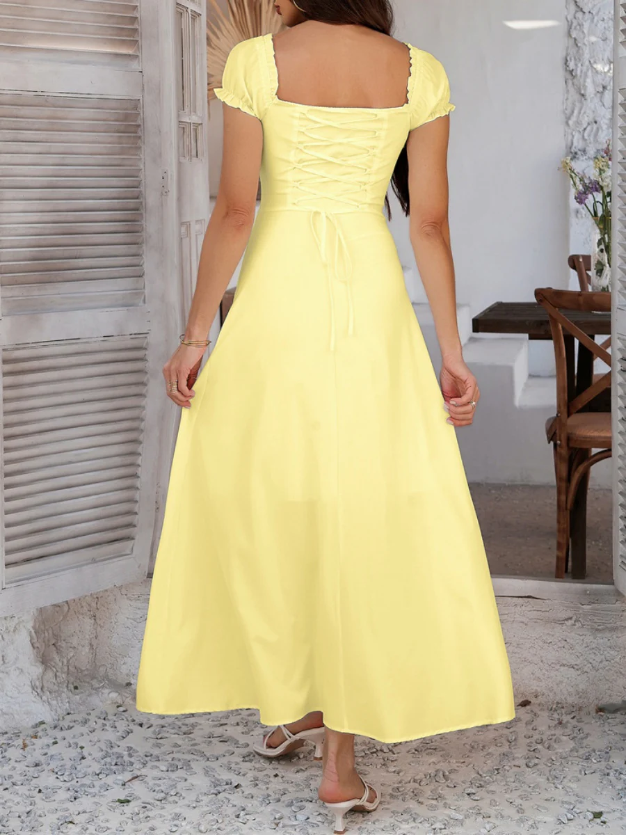 Tie-waist Ruched Puff Sleeve Long Dress - Image 9