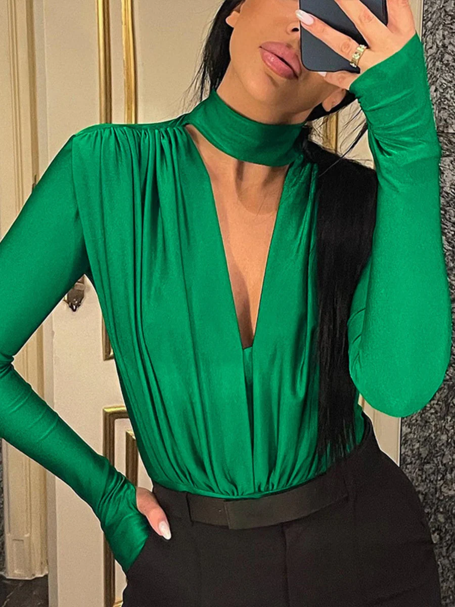 V-neck Slim Fit Pleated Decoration Base Layer Splicing Long-sleeved Bodysuit - Image 10
