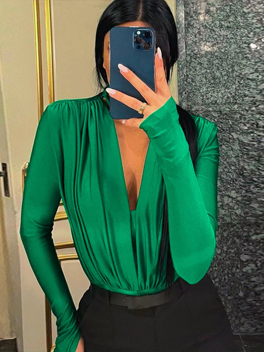 V-neck Slim Fit Pleated Decoration Base Layer Splicing Long-sleeved Bodysuit - Image 11