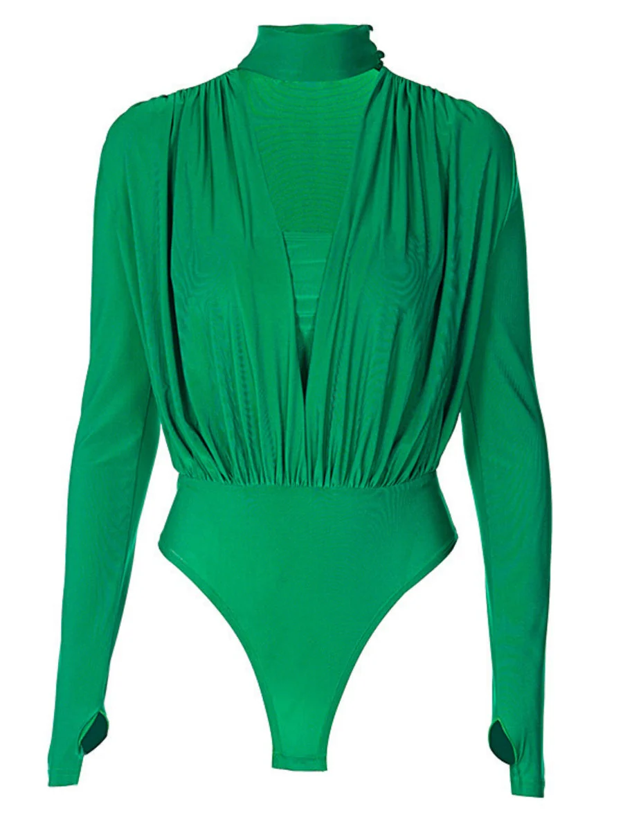 V-neck Slim Fit Pleated Decoration Base Layer Splicing Long-sleeved Bodysuit - Image 15