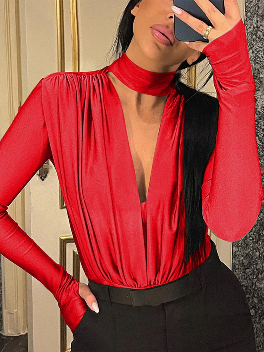 V-neck Slim Fit Pleated Decoration Base Layer Splicing Long-sleeved Bodysuit - Image 16