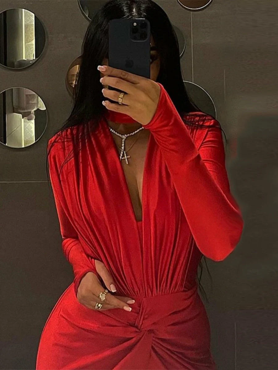 V-neck Slim Fit Pleated Decoration Base Layer Splicing Long-sleeved Bodysuit - Image 18
