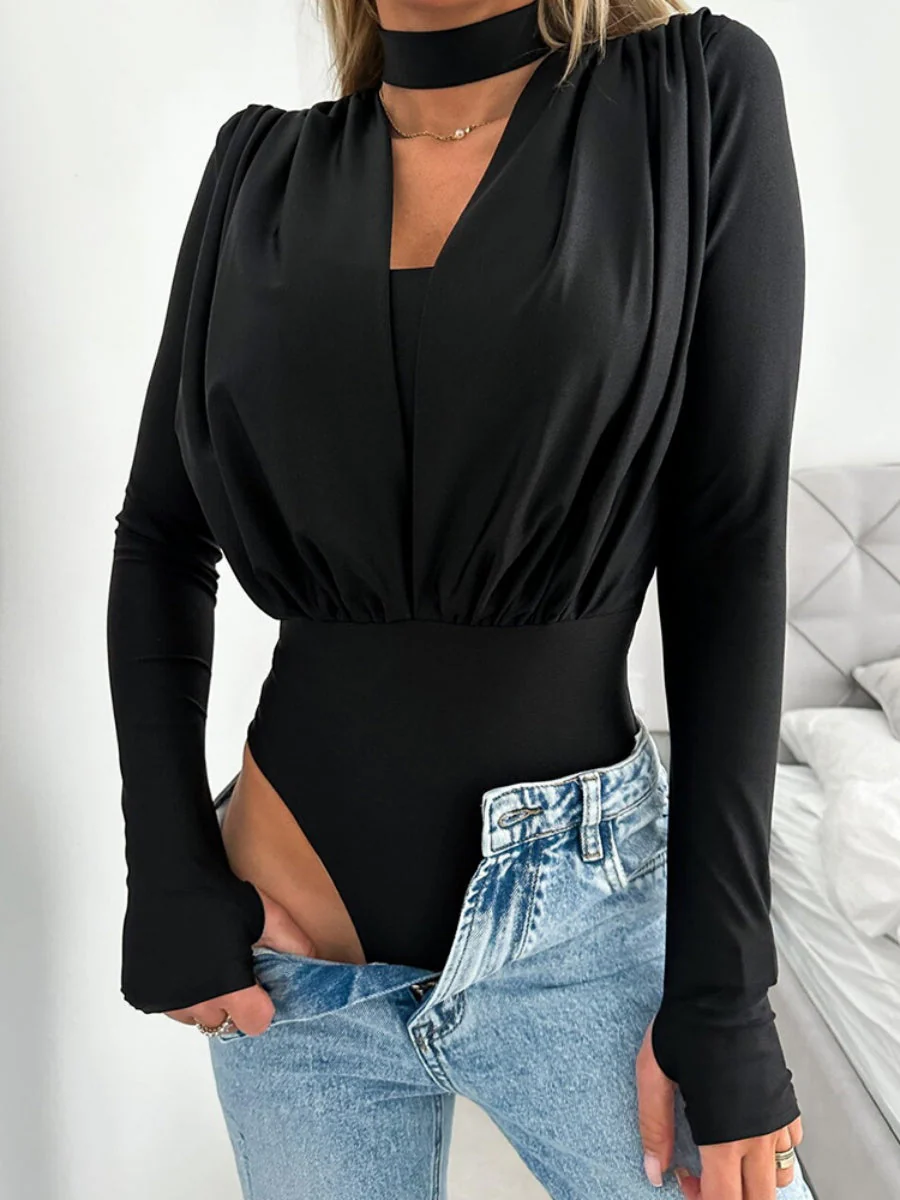 V-neck Slim Fit Pleated Decoration Base Layer Splicing Long-sleeved Bodysuit - Image 2