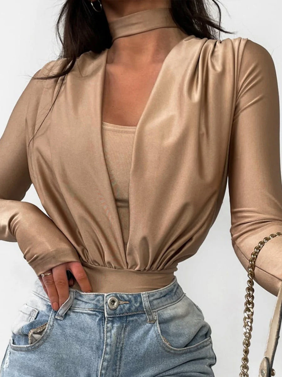 V-neck Slim Fit Pleated Decoration Base Layer Splicing Long-sleeved Bodysuit - Image 5