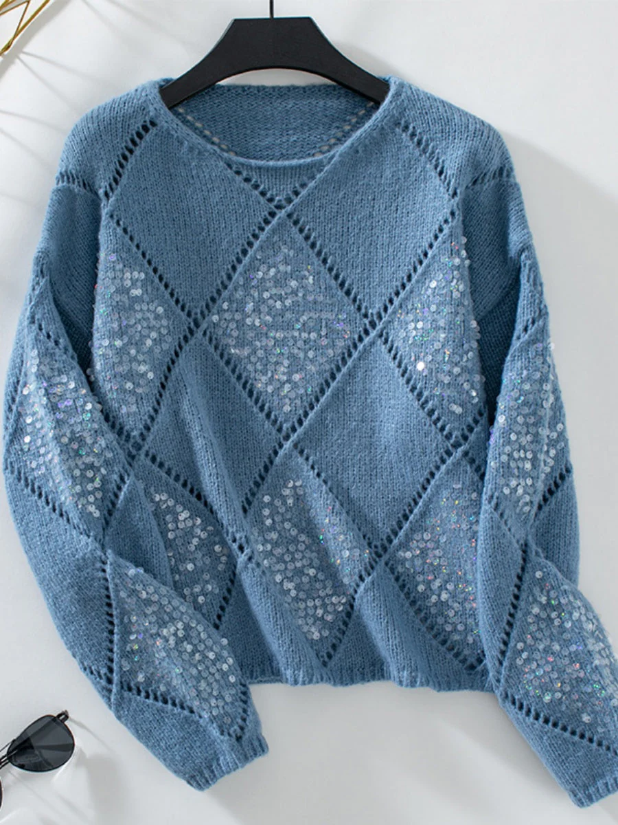 Hollow Diamond Sequins Loose Sweaters - Image 3