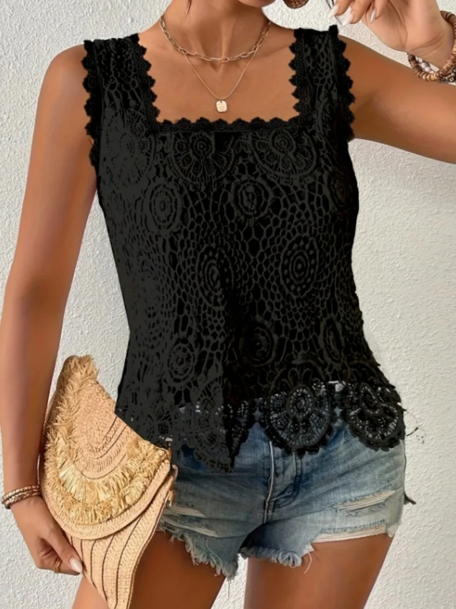 Square Neck Heavy-duty Crochet Openwork Flower Tank Top - Image 12