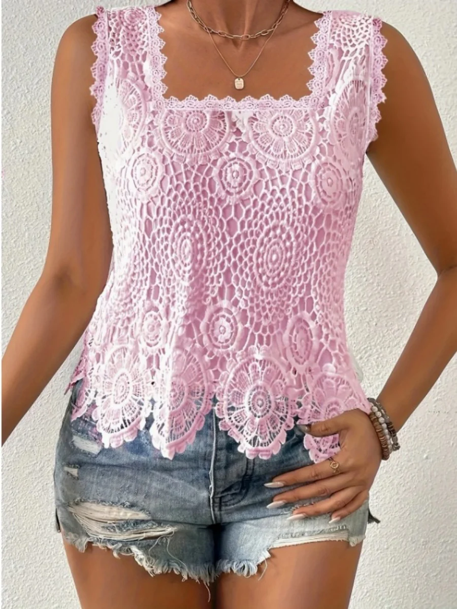 Square Neck Heavy-duty Crochet Openwork Flower Tank Top - Image 5