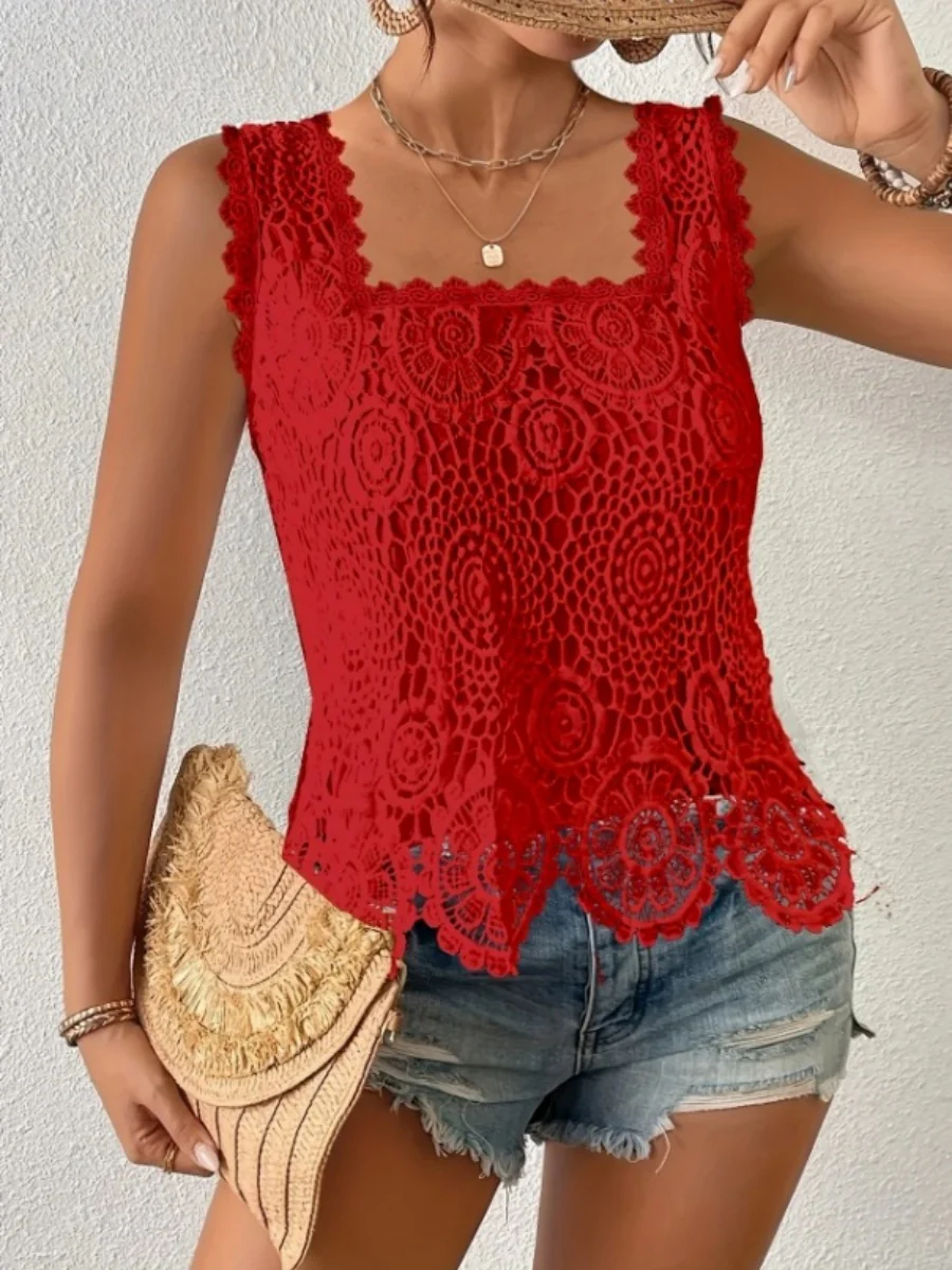 Square Neck Heavy-duty Crochet Openwork Flower Tank Top - Image 8