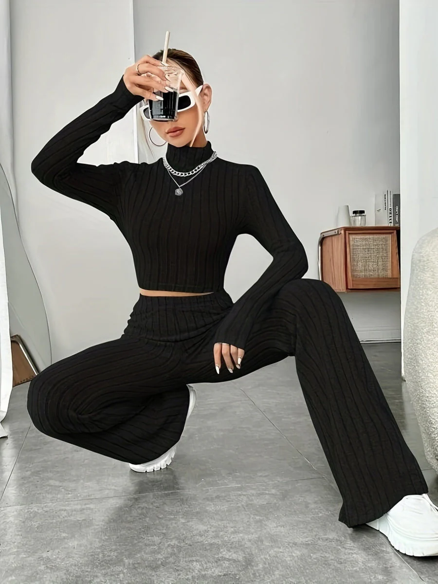 Mock Neck Slim Fit Knitted Two-Piece Set - Image 16