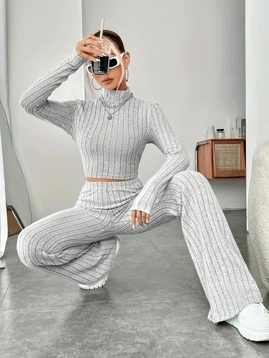 Mock Neck Slim Fit Knitted Two-Piece Set - Image 4