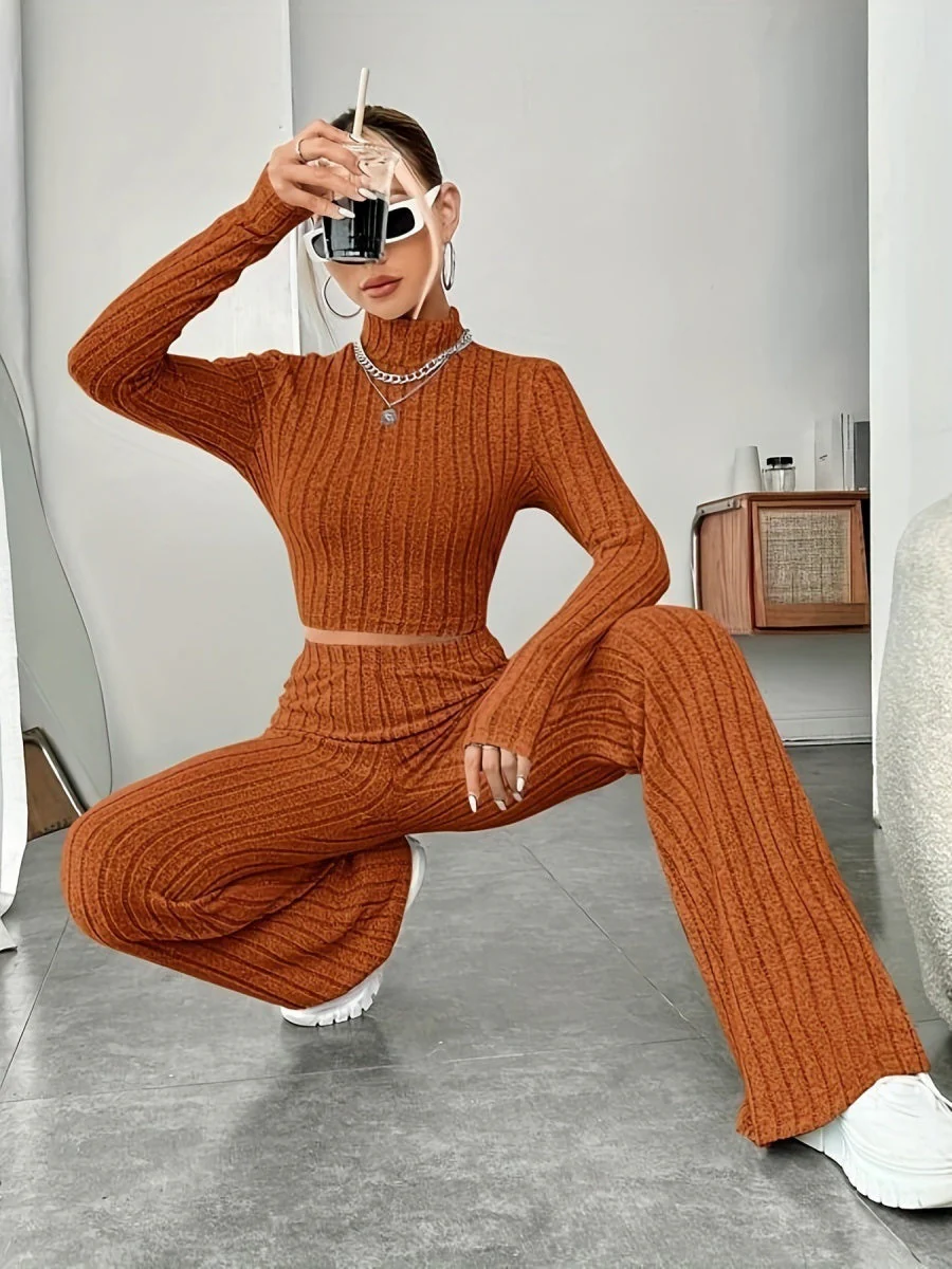 Mock Neck Slim Fit Knitted Two-Piece Set - Image 8