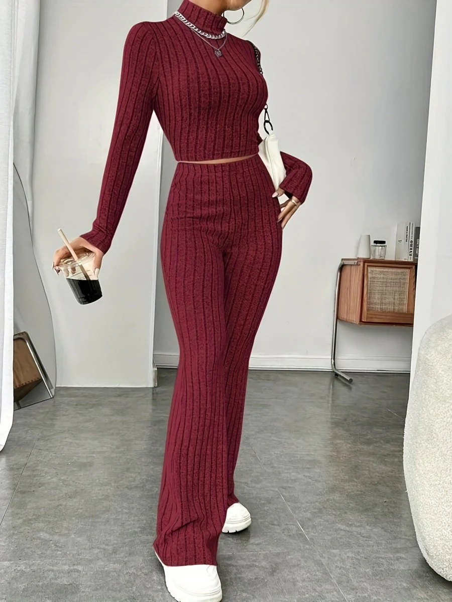 Mock Neck Slim Fit Knitted Two-Piece Set - Image 9