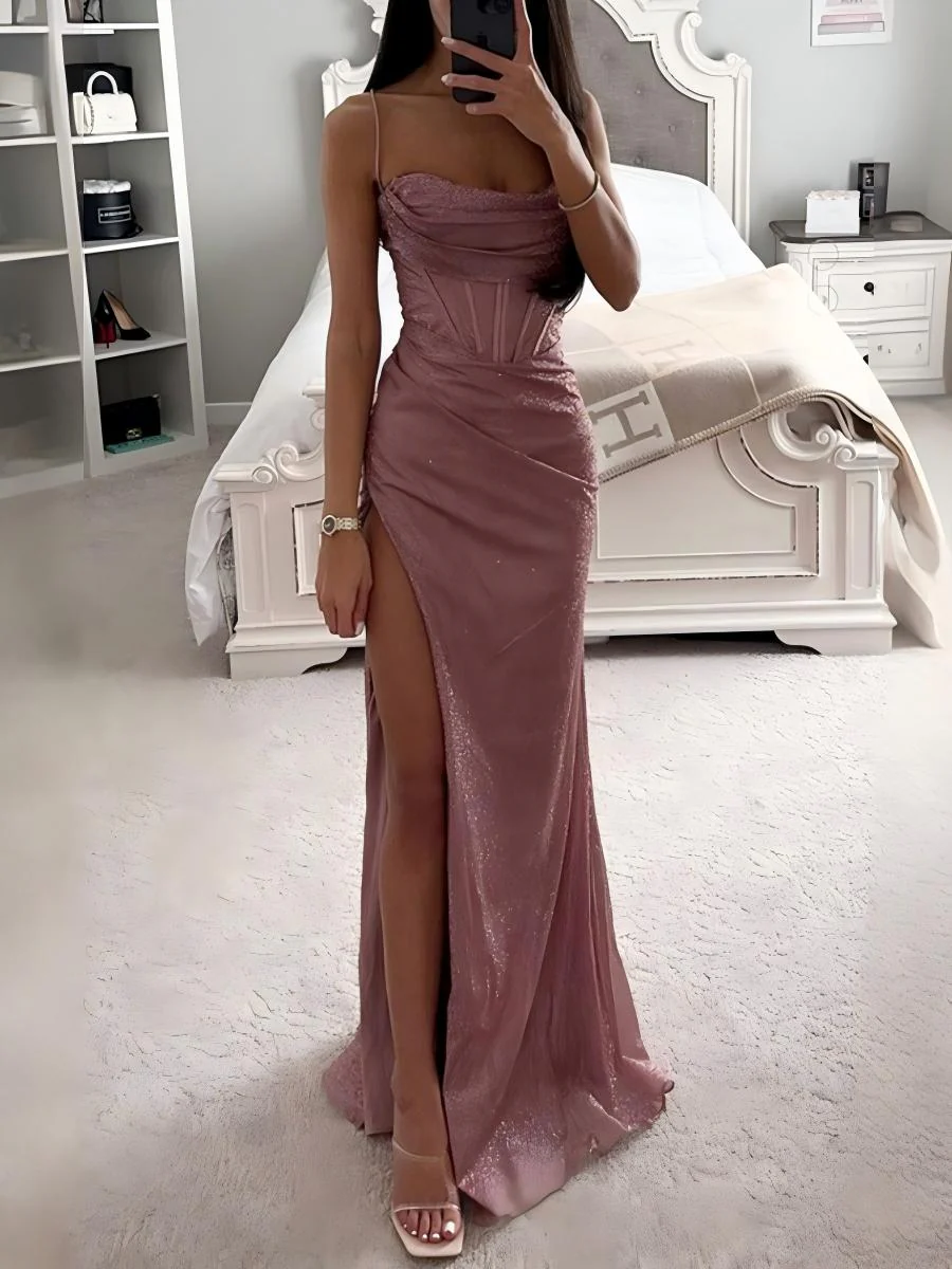 High-slit Sequined Halter Dress