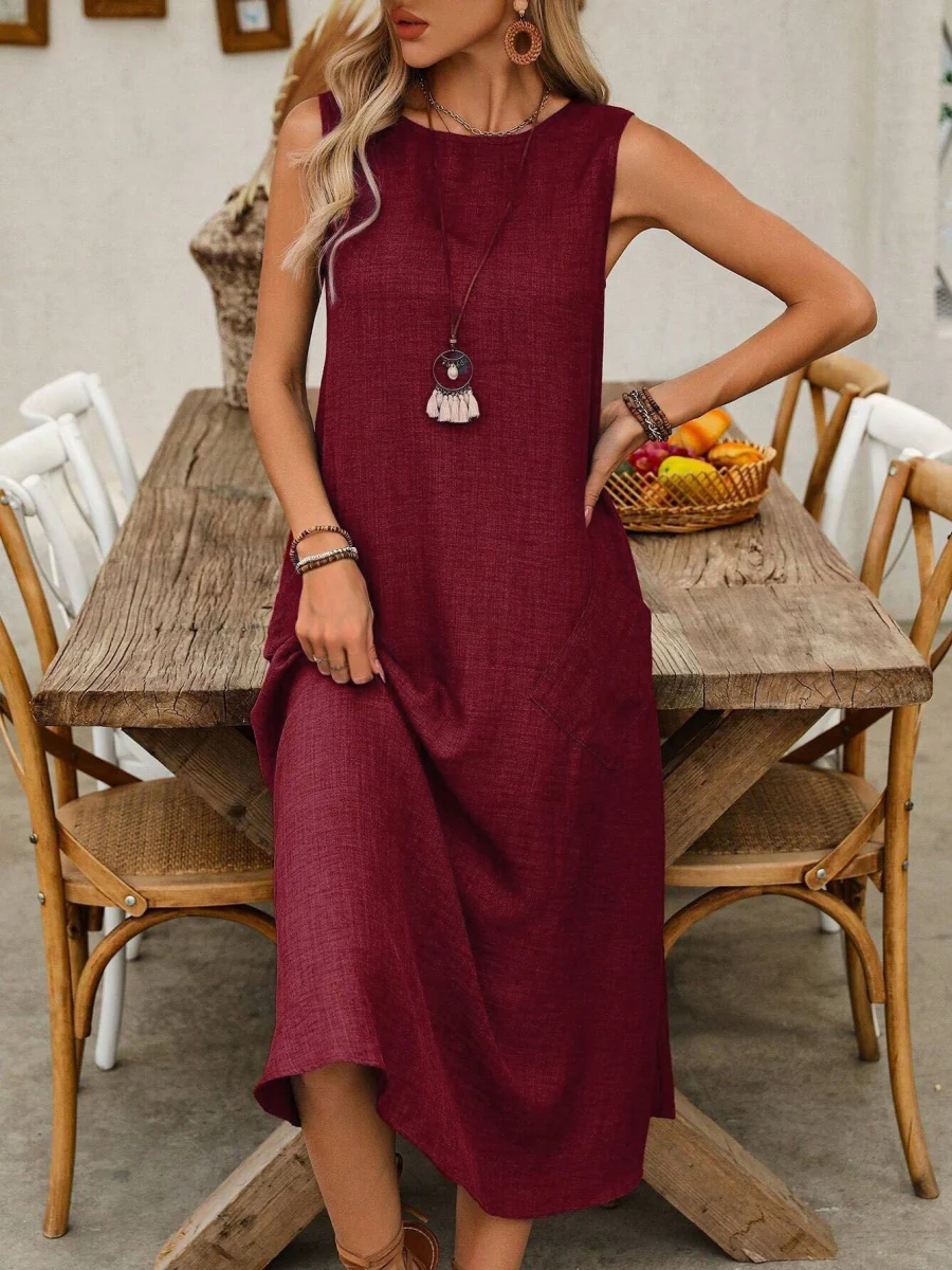 Pullover Crew Neck Sleeveless Pocket Solid Color Midi Dresses - Image 14