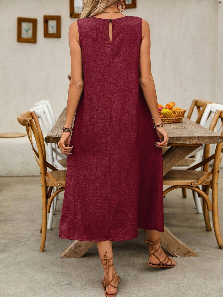 Pullover Crew Neck Sleeveless Pocket Solid Color Midi Dresses - Image 16