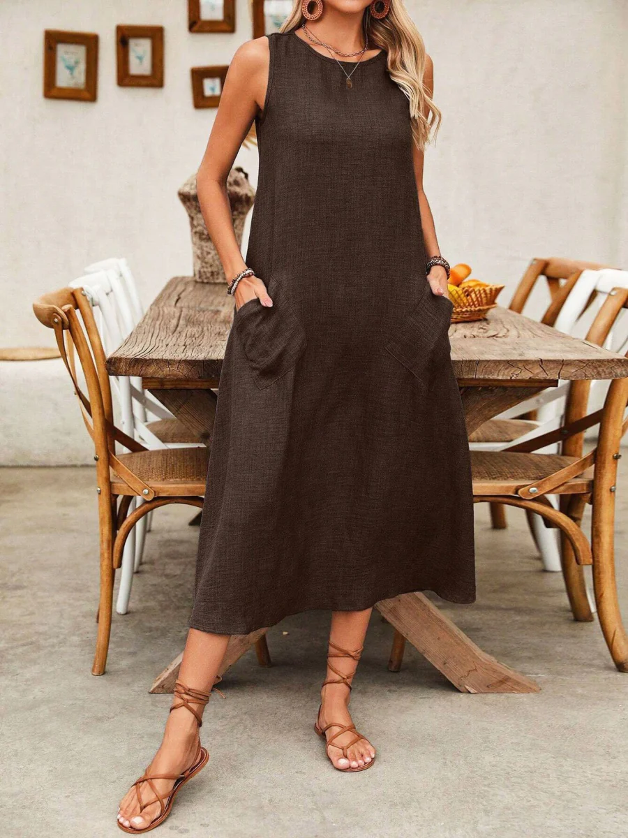 Pullover Crew Neck Sleeveless Pocket Solid Color Midi Dresses - Image 20