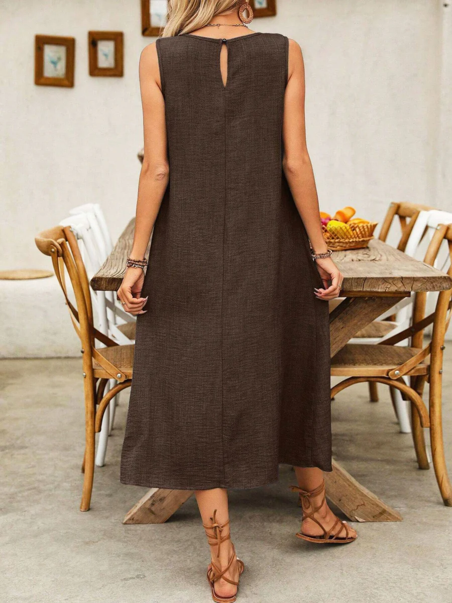 Pullover Crew Neck Sleeveless Pocket Solid Color Midi Dresses - Image 21