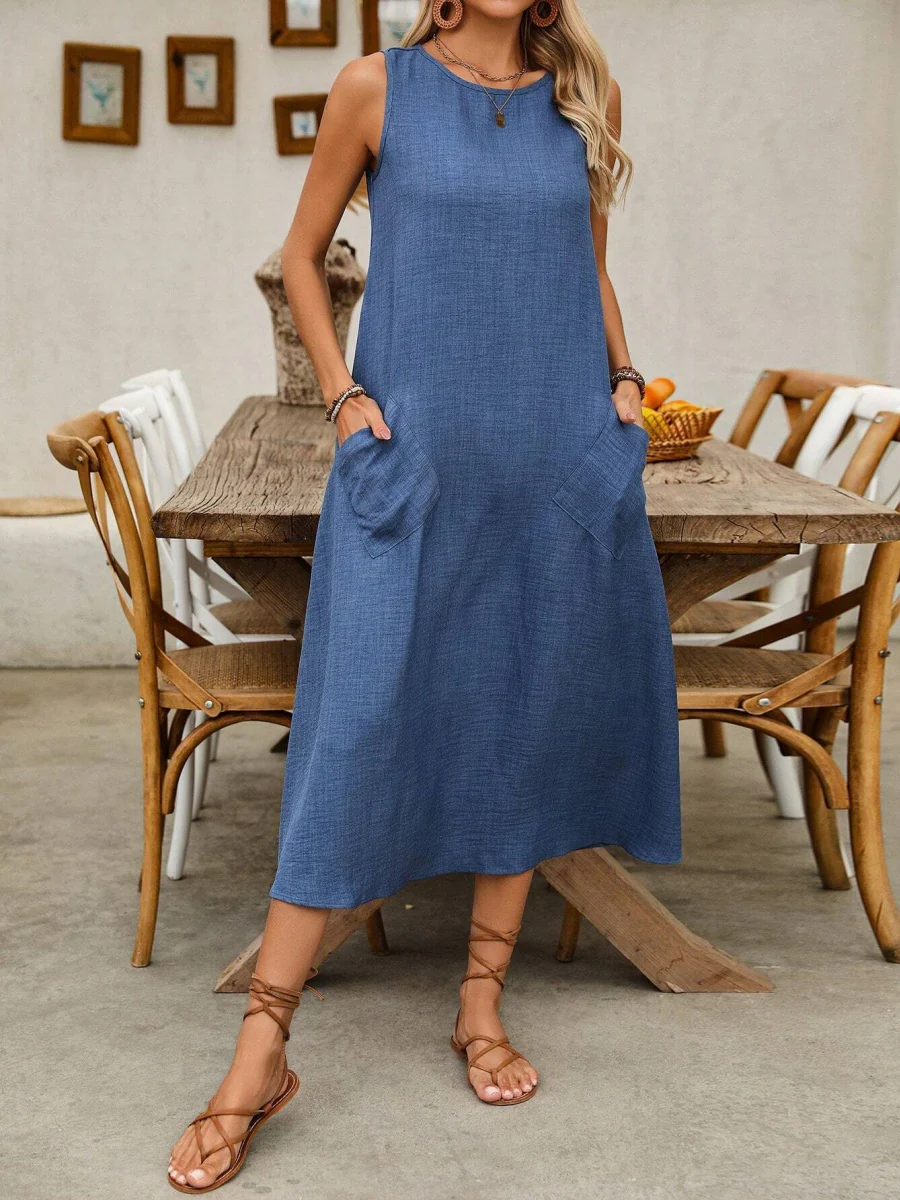 Pullover Crew Neck Sleeveless Pocket Solid Color Midi Dresses - Image 3