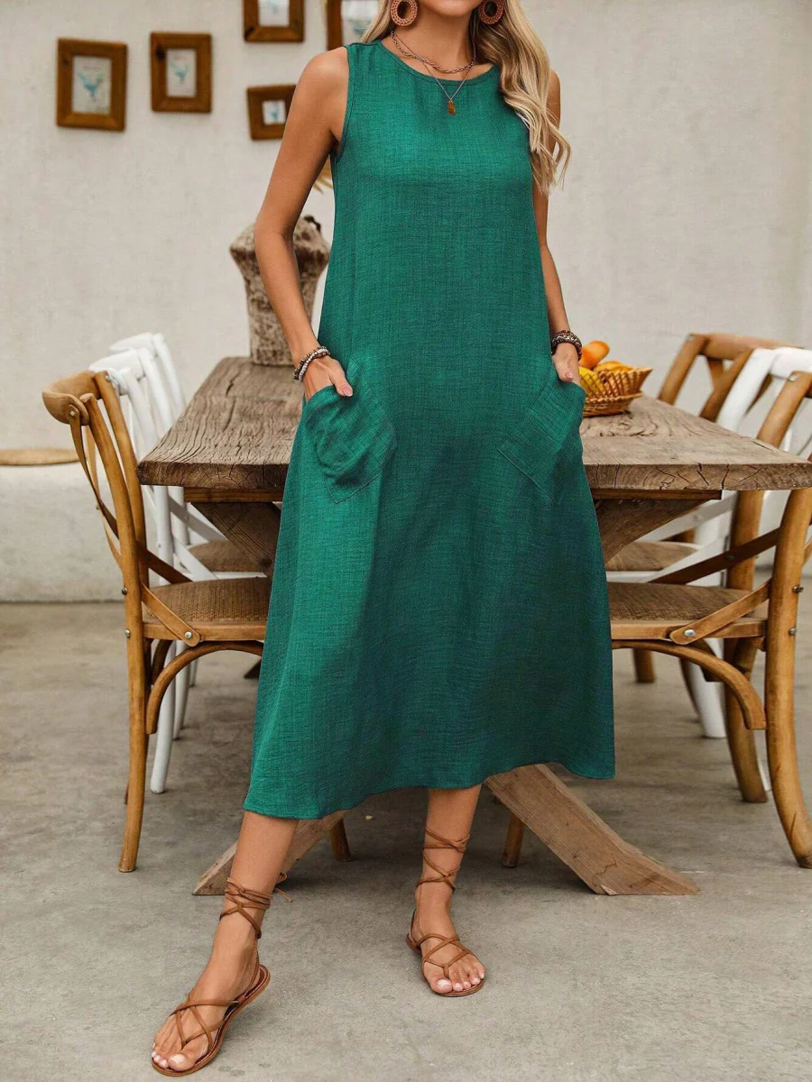 Pullover Crew Neck Sleeveless Pocket Solid Color Midi Dresses - Image 8